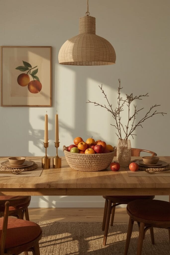 Deco Salle a Manger avec corbeille de fruits en rotin sur table en bois, bougies et ambiance cosy