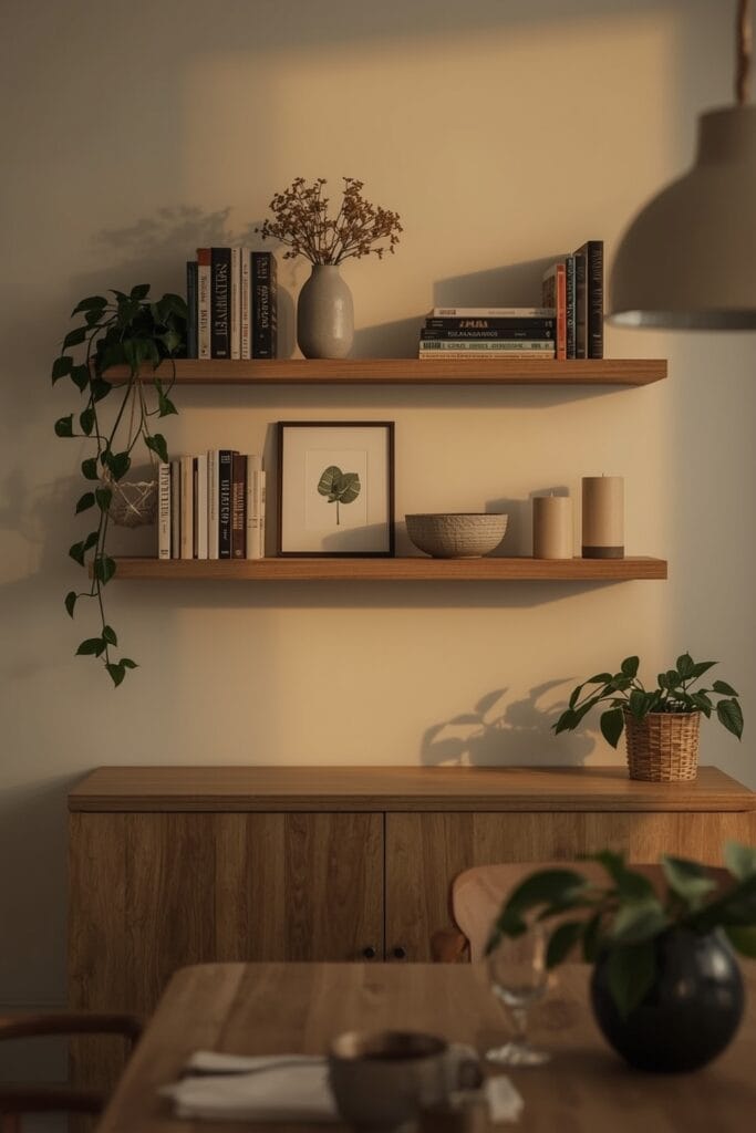Deco Salle a Manger avec étagère murale décorative, livres, poteries et plantes pour ambiance cosy