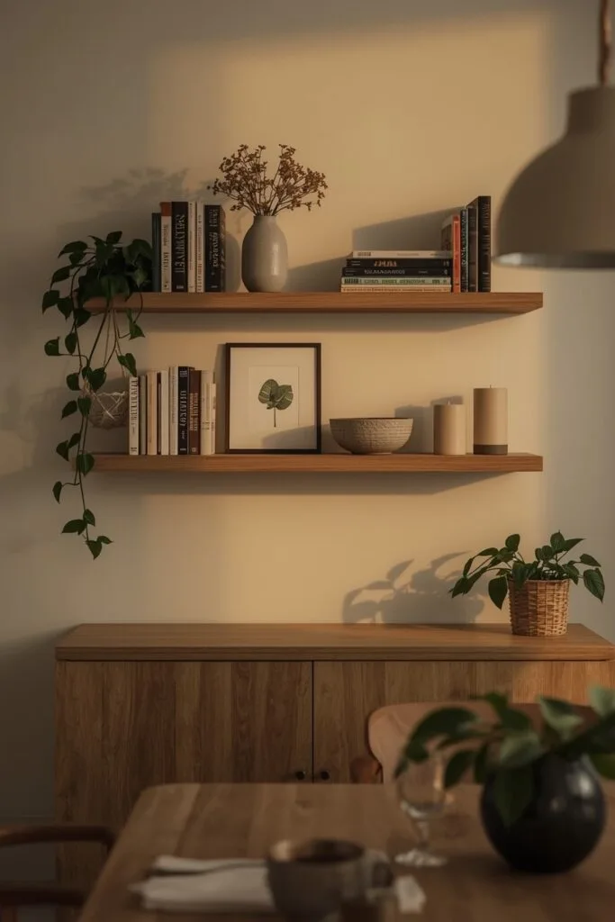 Deco Salle a Manger avec étagère murale décorative, livres, poteries et plantes pour ambiance cosy