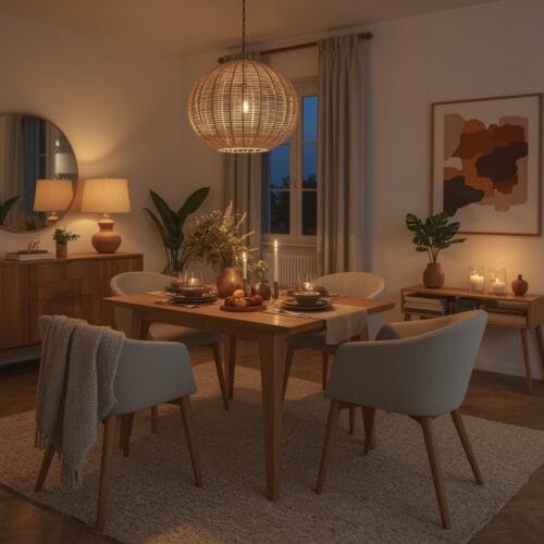 Deco Salle a Manger cosy au crépuscule avec lumières douces, table en bois, textiles et éléments naturels pour une ambiance cocooning.
