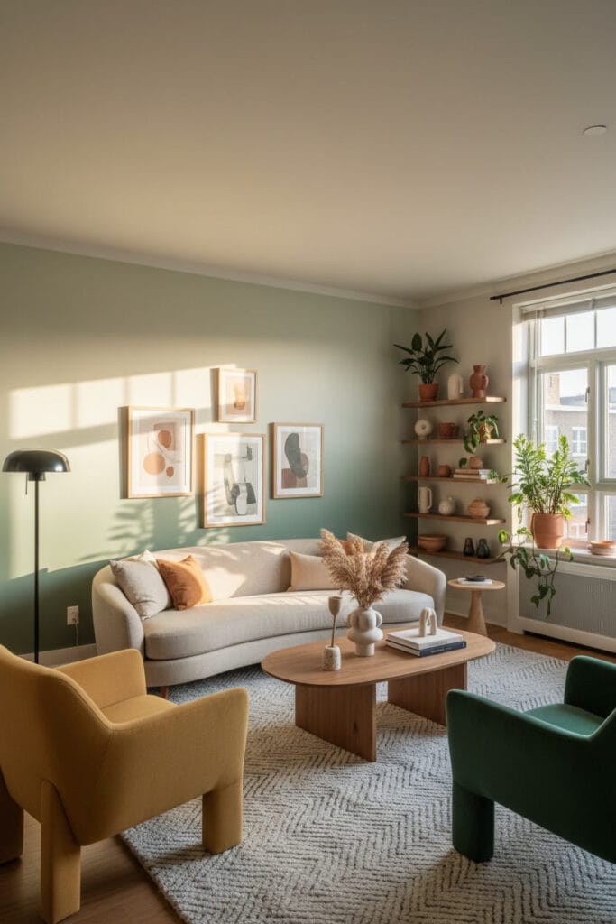 Peinture murale vert sauge dans une décoration murale salon tendance chaleureuse