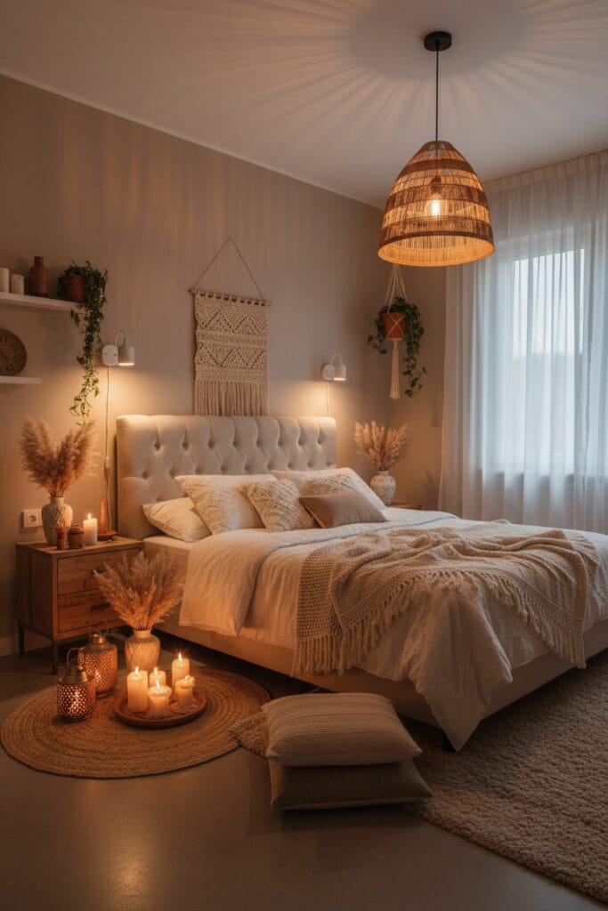 Chambre Parentale Cosy avec objets décoratifs et ambiance sensorielle en soirée