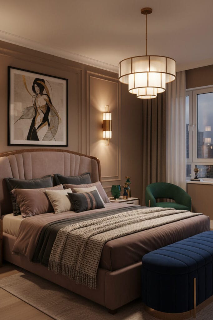 Chambre Parentale Cosy avec lit central et décoration Art Déco feutrée