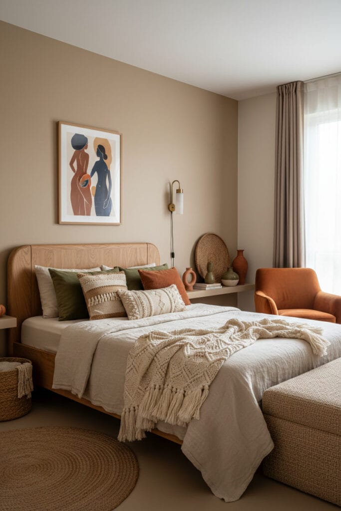 Chambre Parentale Cosy avec lit central et style bohème moderne chaleureux