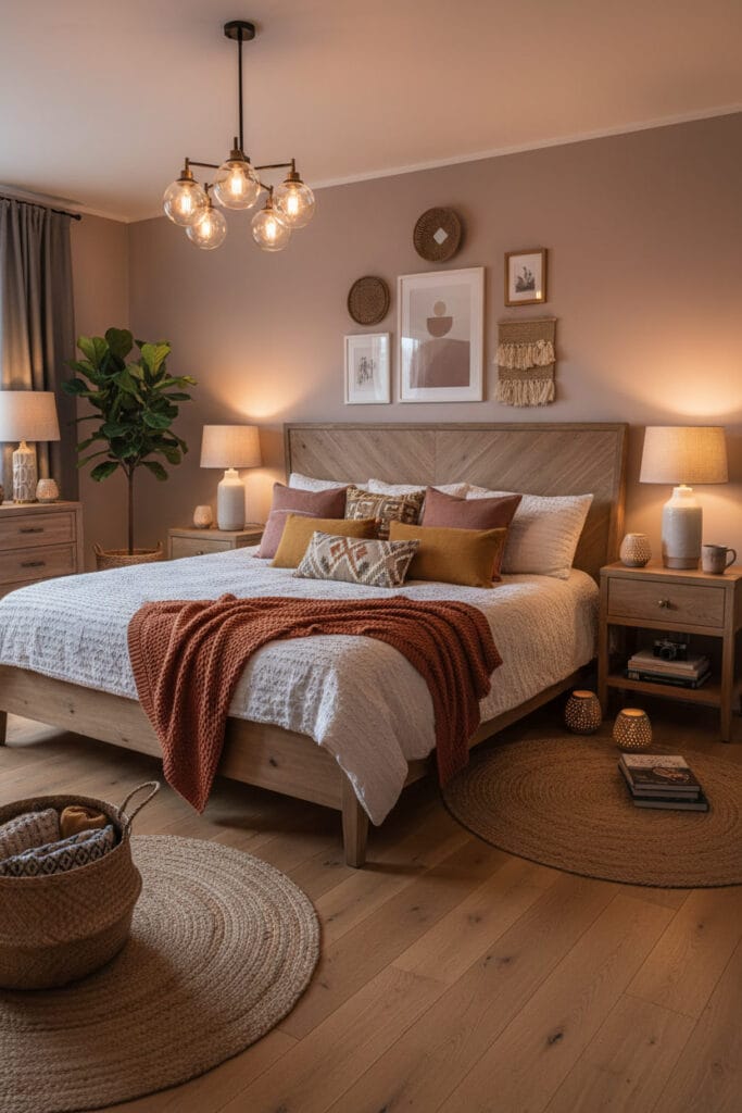 Chambre Parentale Cosy avec textures et détails décoratifs en soirée