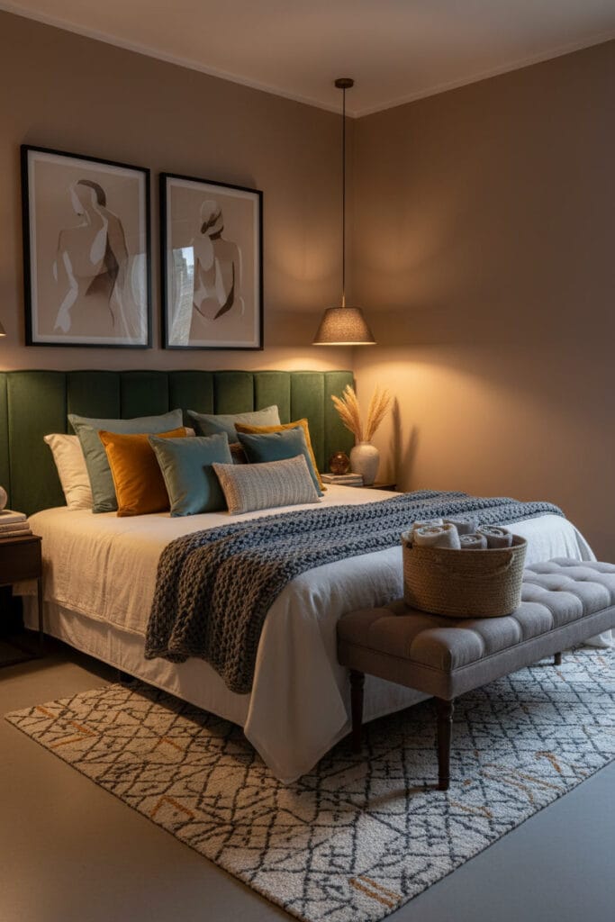 Chambre Parentale Cosy aux textiles riches et ambiance feutrée