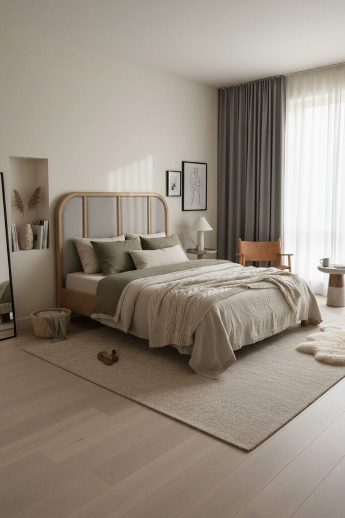 Chambre Parentale Cosy avec voilages légers et rideaux épais filtrant la lumière