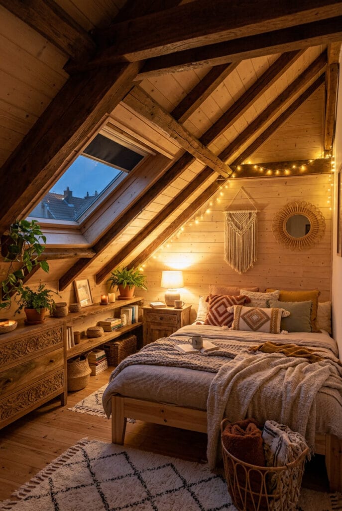 Chambre sous comble cosy décorée avec mobilier en bois et ambiance douce