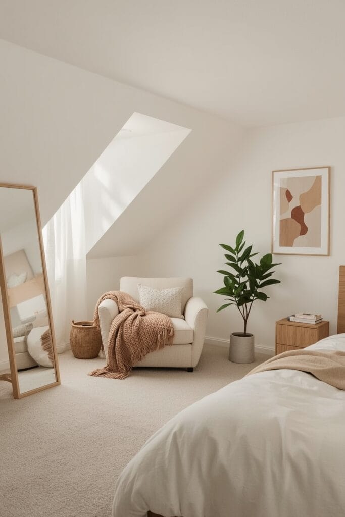 Chambre sous comble avec un coin lecture secret aménagé sous la pente et un grand miroir pour réfléchir la lumière naturelle.