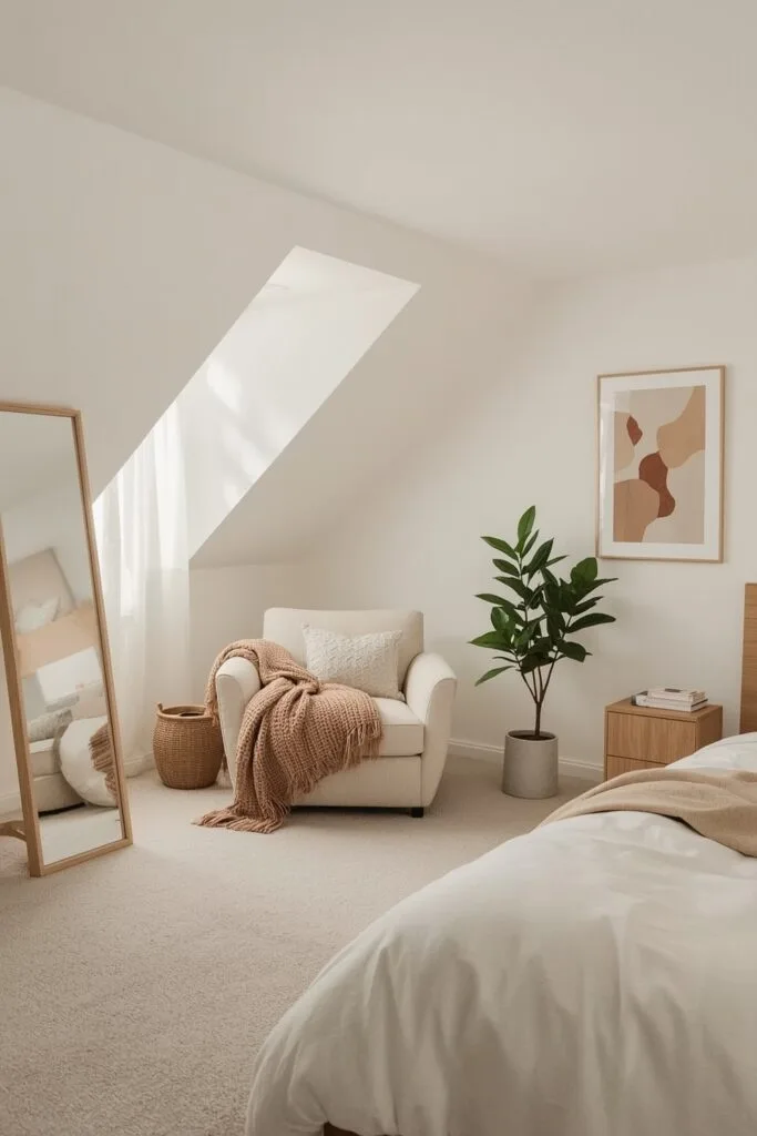 Chambre sous comble avec un coin lecture secret aménagé sous la pente et un grand miroir pour réfléchir la lumière naturelle.