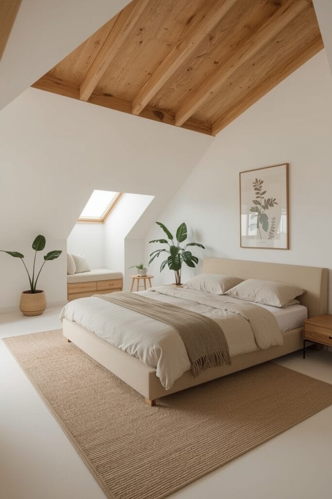 Aménagement fluide et épuré d'une chambre sous comble claire avec rangements intégrés et meubles bas.