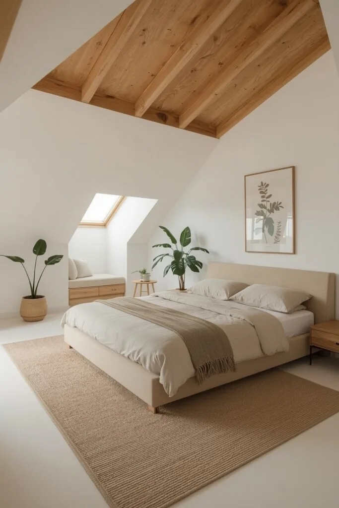 Aménagement fluide et épuré d'une chambre sous comble claire avec rangements intégrés et meubles bas.