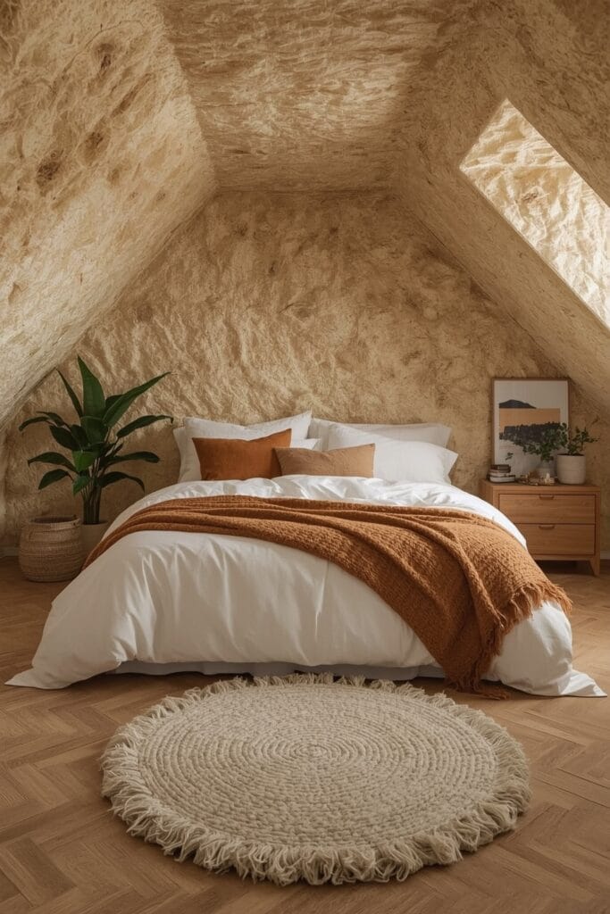 Chambre sous comble avec isolation naturelle, parquet chaleureux et textiles douillets pour un confort toute l'année.