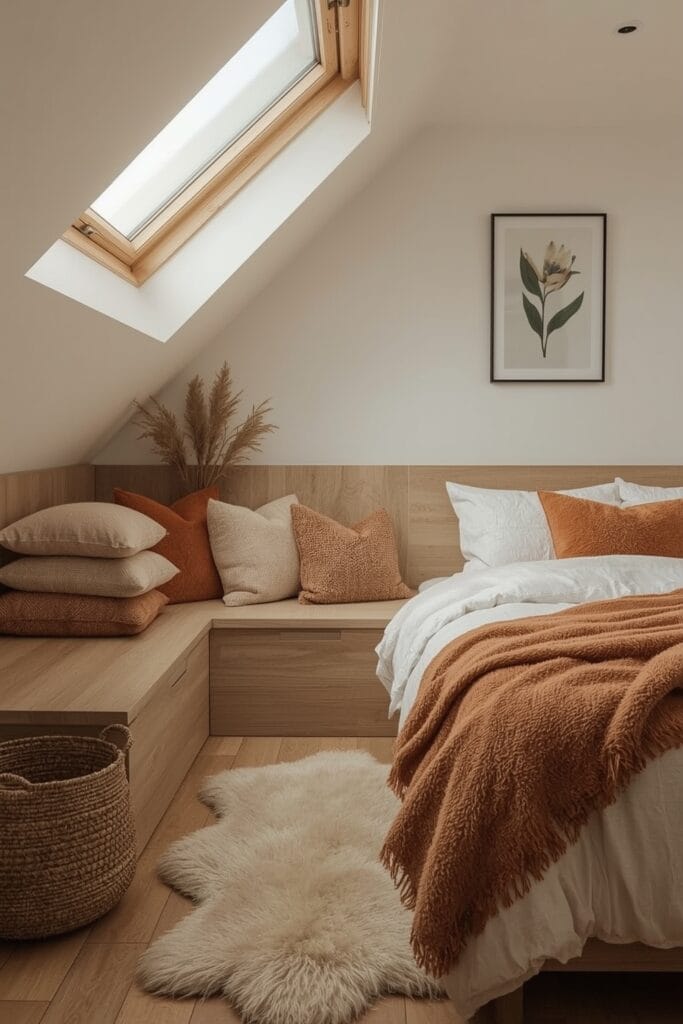 Ambiance chaleureuse et isolée dans une chambre sous comble avec couvertures épaisses et fenêtre étanche.