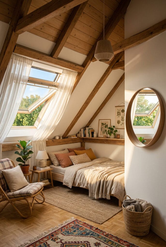 Chambre sous comble lumineuse aménagée avec des meubles bas et une ambiance douce sous les toits