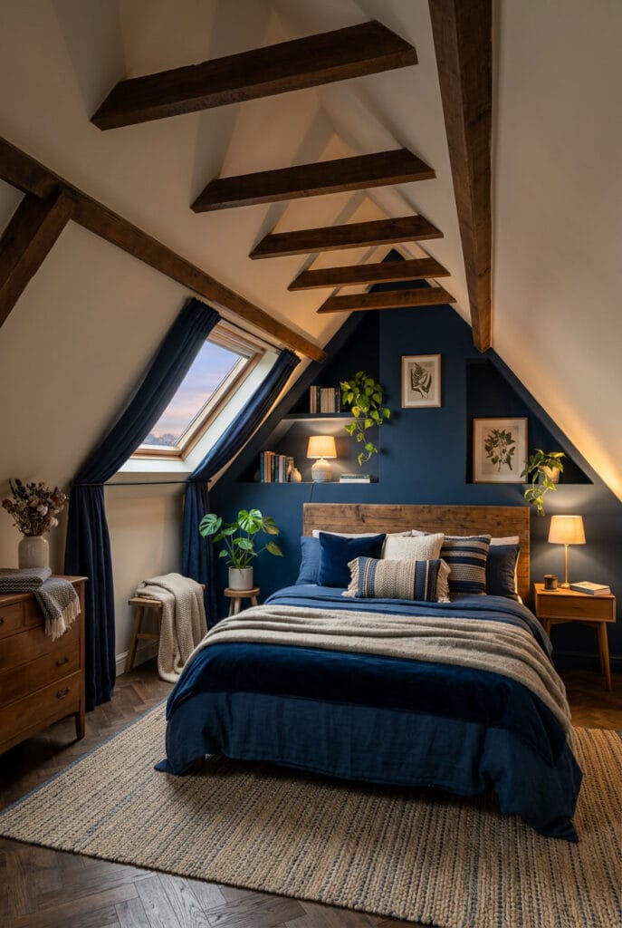 Chambre sous comble chaleureuse décorée avec palette de couleurs profondes et ambiance cosy