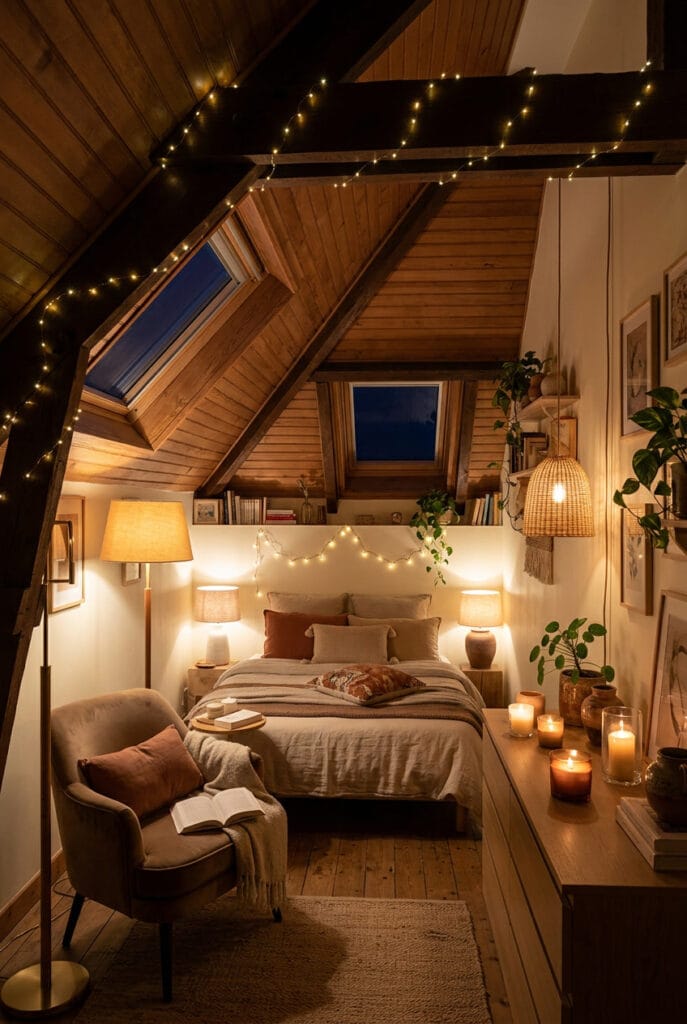 Chambre sous comble avec éclairages variés créant une ambiance chaleureuse et relaxante