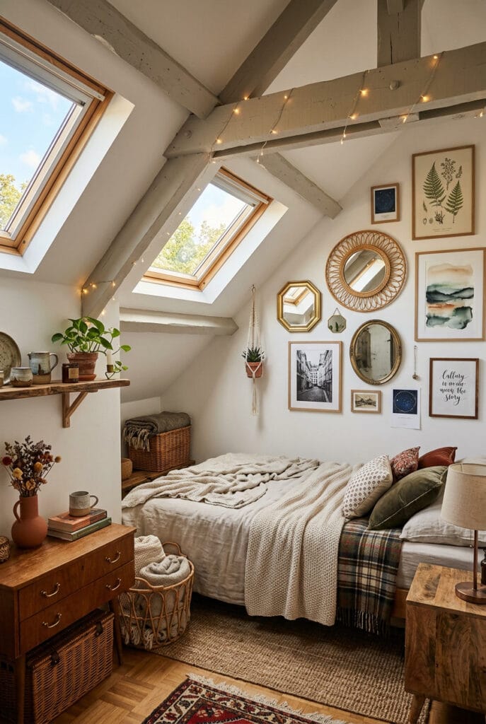 Chambre sous comble décorée avec cadres muraux et objets décoratifs créant une ambiance chaleureuse