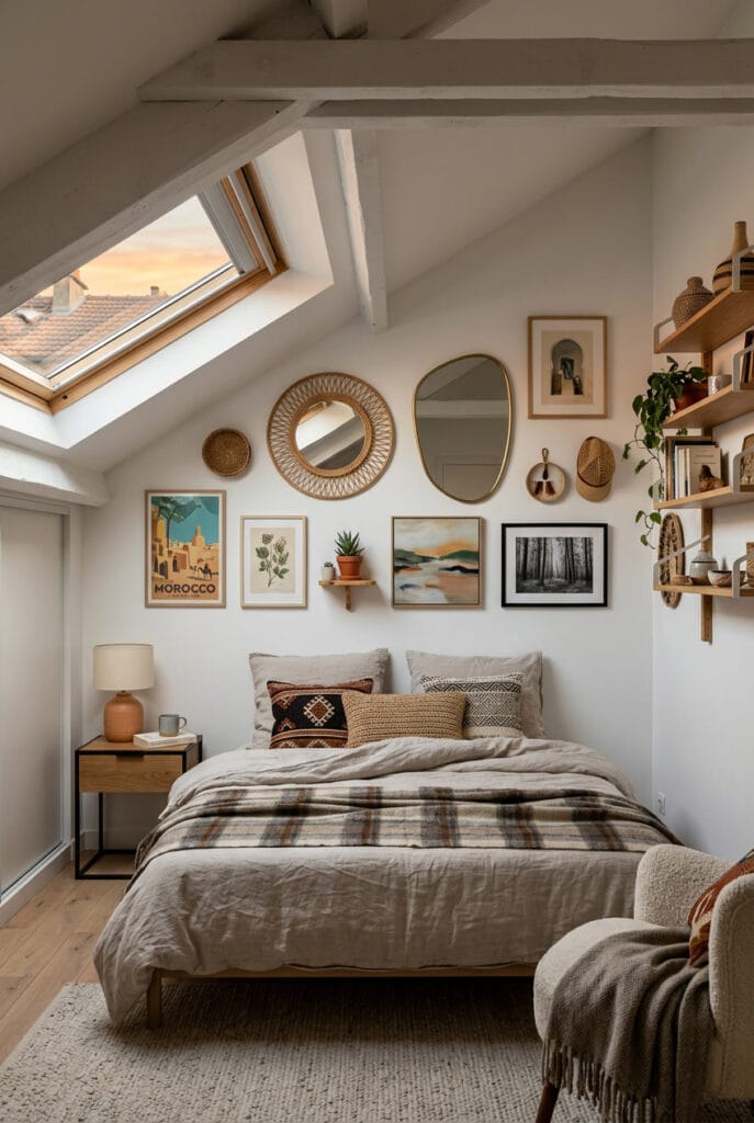 Chambre sous comble chaleureuse avec objets décoratifs et décoration murale artistique