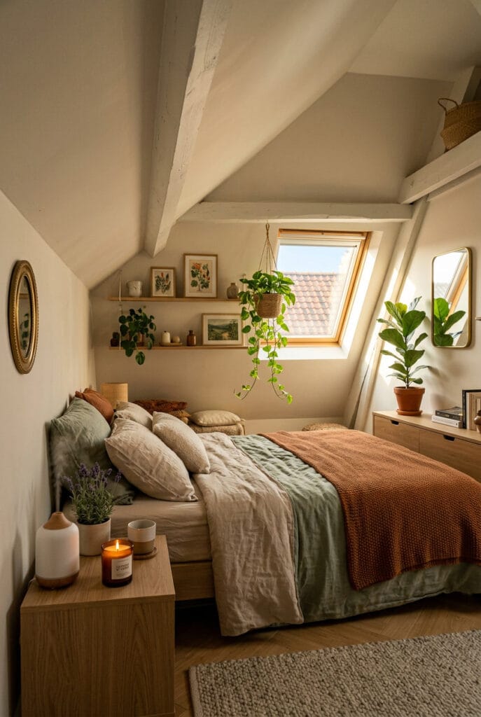 Chambre sous comble cosy avec plantes vertes et bougies créant une ambiance apaisante