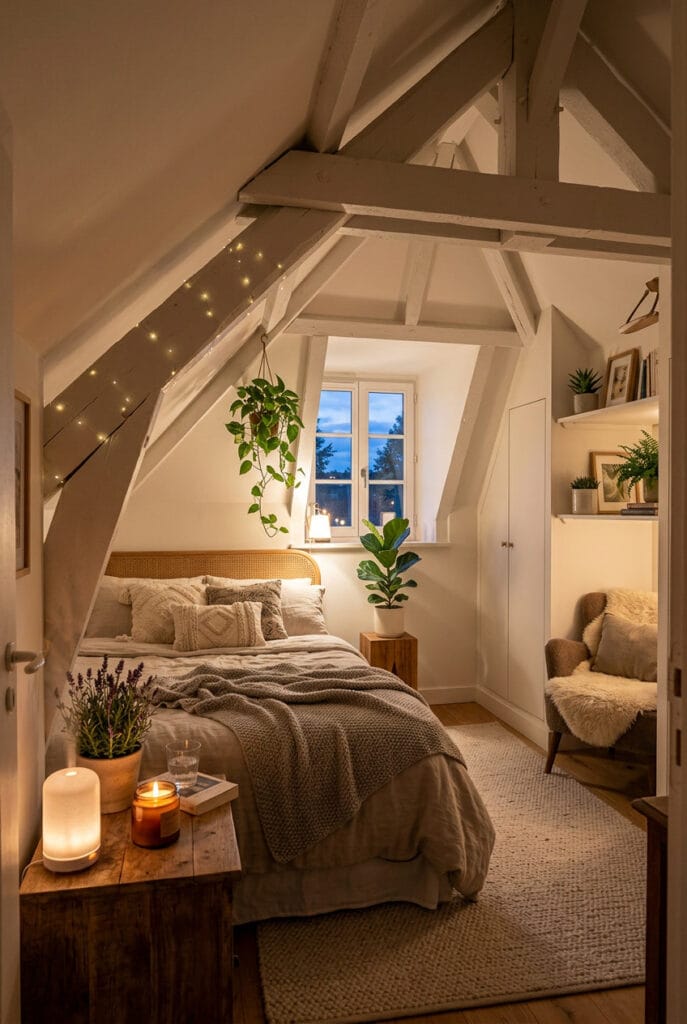Chambre sous comble chaleureuse avec plantes décoratives et ambiance parfumée