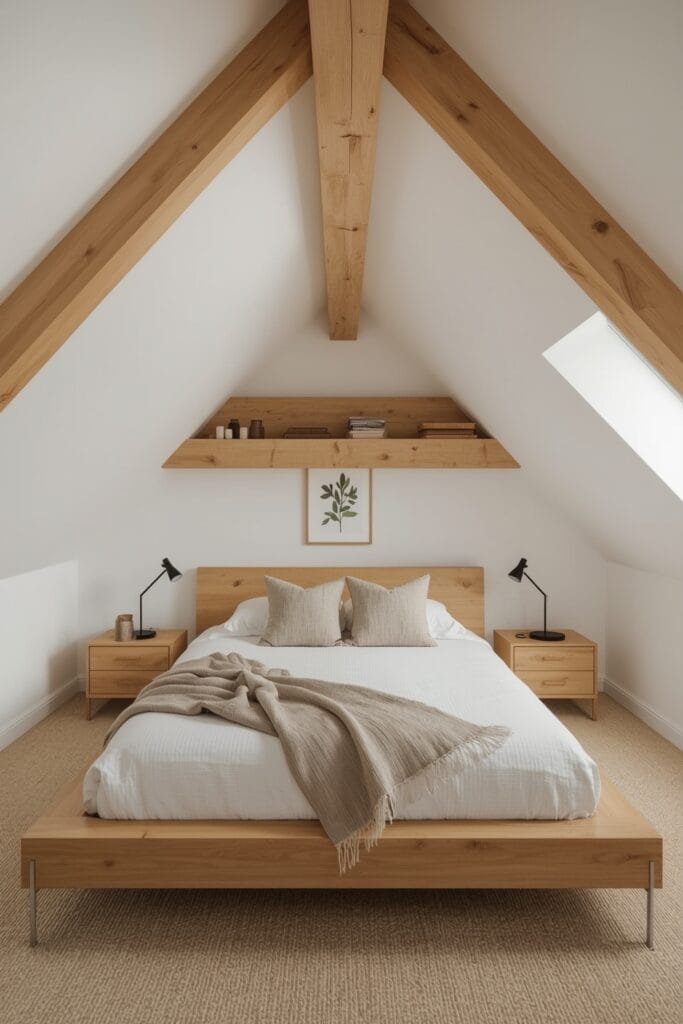 Intégration harmonieuse du bois dans une petite chambre sous comble avec poutres et mobilier coordonné