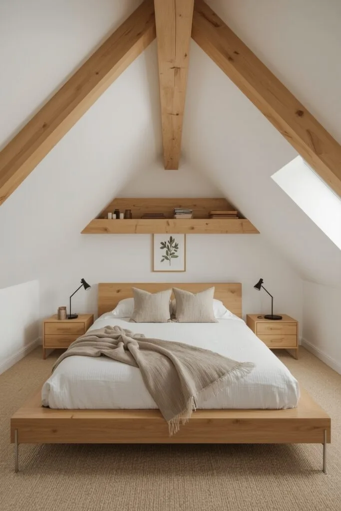 Intégration harmonieuse du bois dans une petite chambre sous comble avec poutres et mobilier coordonné