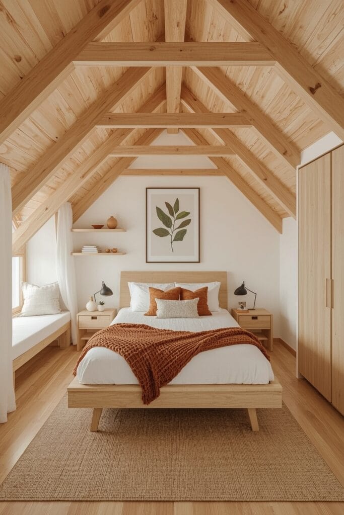 Petite chambre sous comble avec intégration complète du bois et touches de couleurs cosy harmonieuses