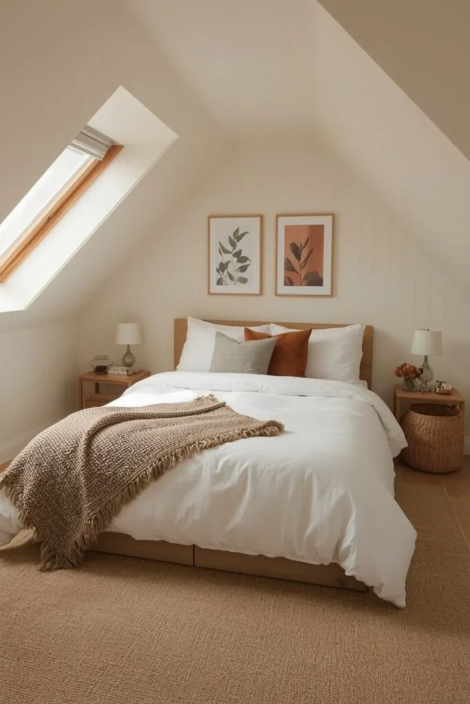 Chambre sous comble avec literie en lin et textiles naturels pour une ambiance cocooning
