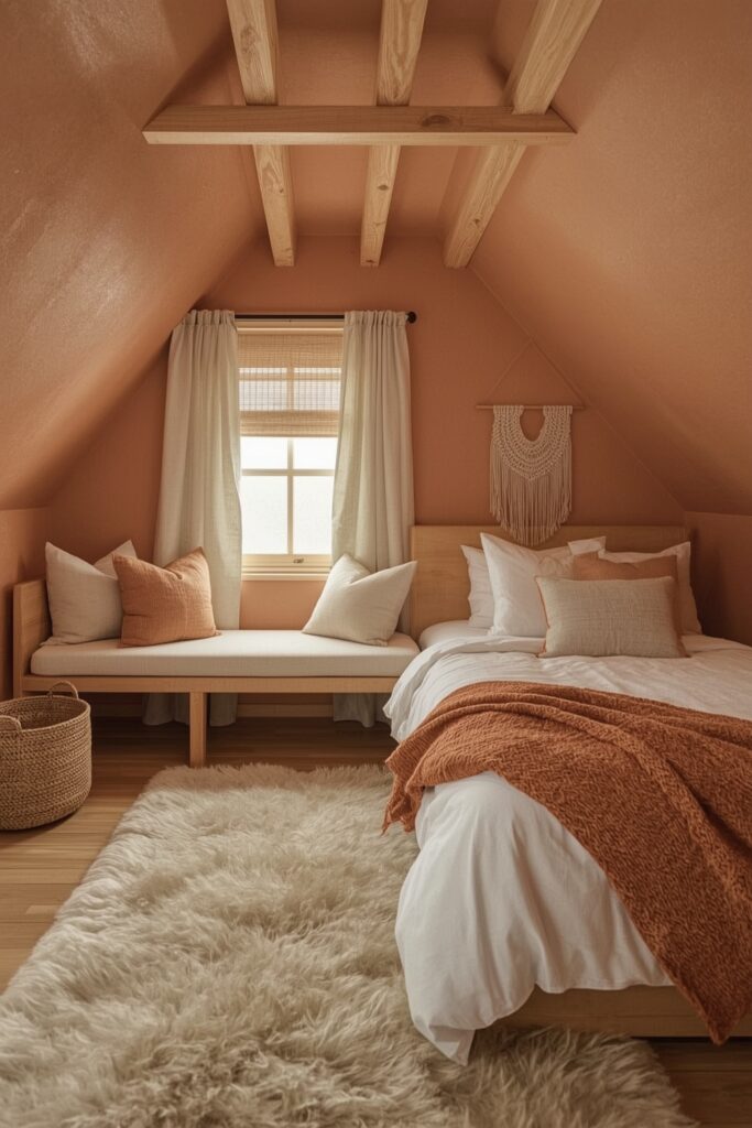 Chambre sous comble avec murs terracotta, poutres apparentes et mélange de textiles naturels