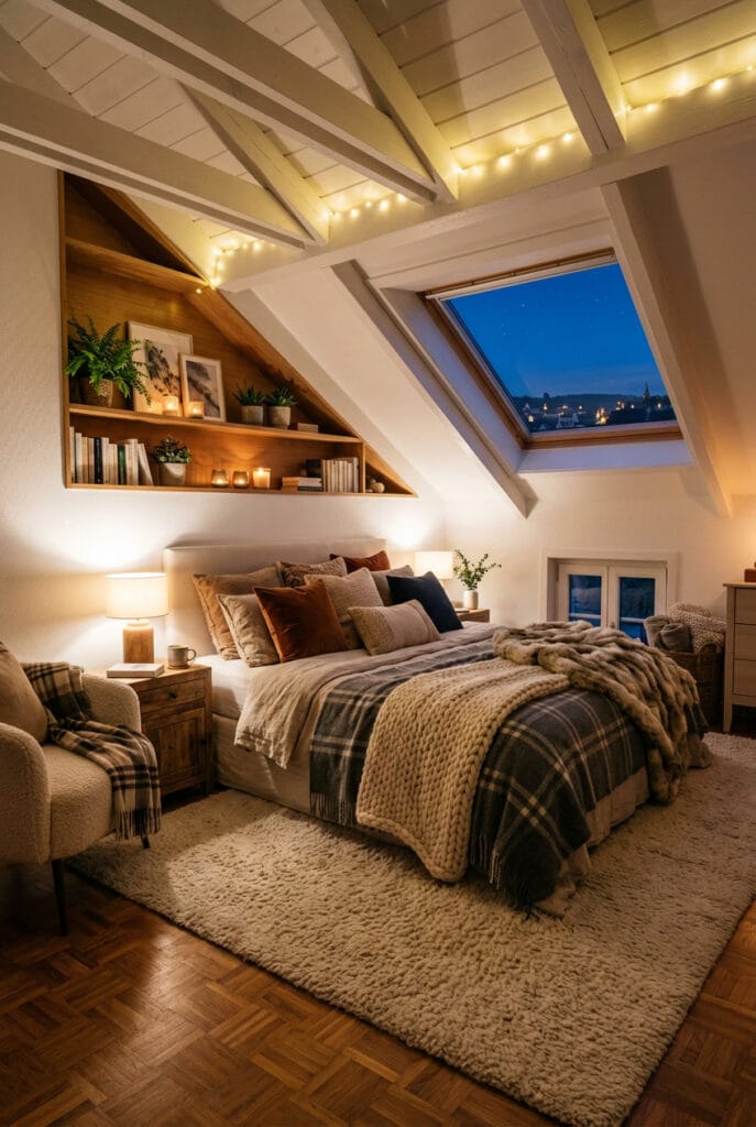 Chambre sous comble cosy et chaleureuse avec textiles doux et ambiance confortable sous les toits