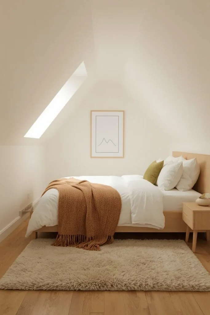 Chambre sous comble avec murs crème vanille chaud, tête de lit en chêne clair et accents de couleur terre et vert olive.