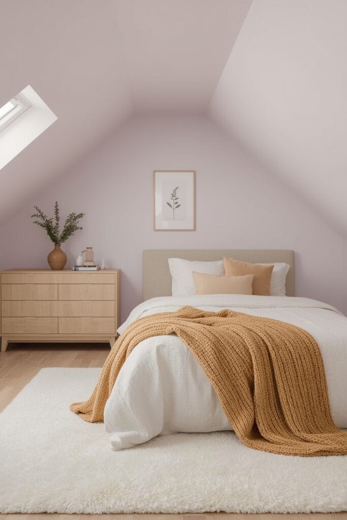 Chambre sous comble lilas poudre très clair, commode en chêne lavé et accents de couleur moutarde et pêche.