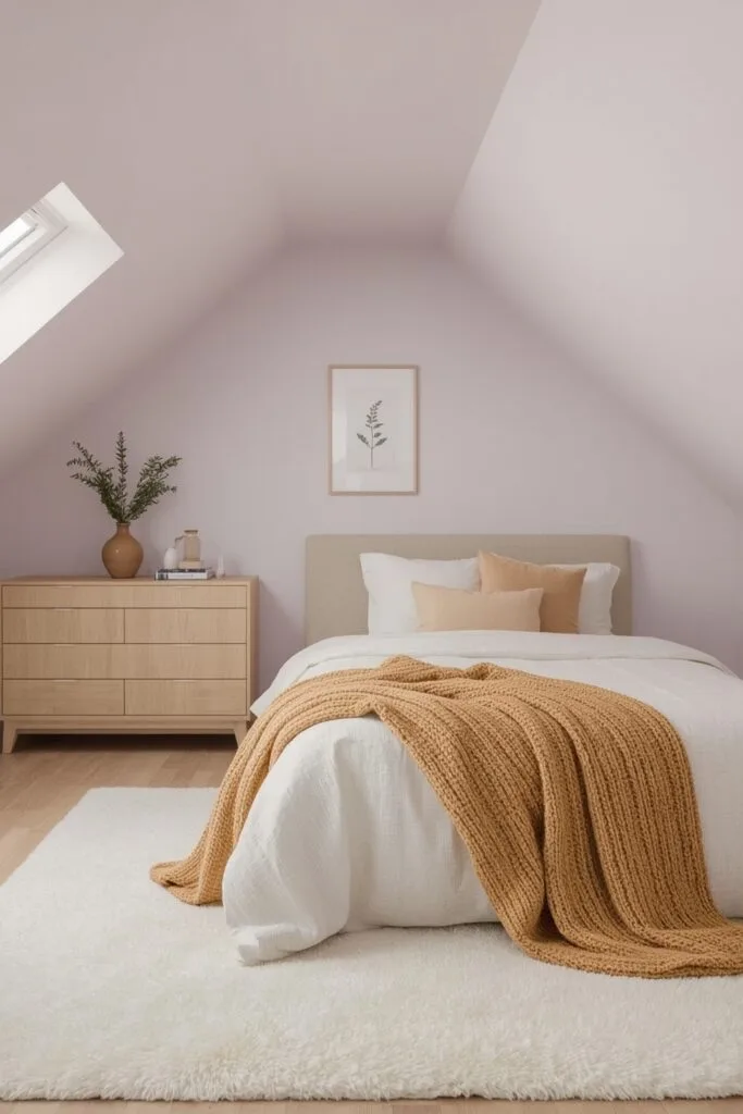 Chambre sous comble lilas poudre très clair, commode en chêne lavé et accents de couleur moutarde et pêche.