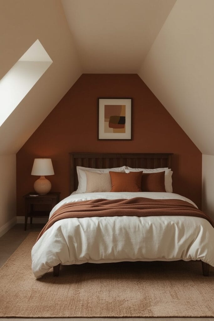 Chambre sous comble avec mur accent terracotta profond, tête de lit en chêne foncé et textiles en nuances de terre.