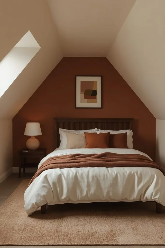 Chambre sous comble avec mur accent terracotta profond, tête de lit en chêne foncé et textiles en nuances de terre.