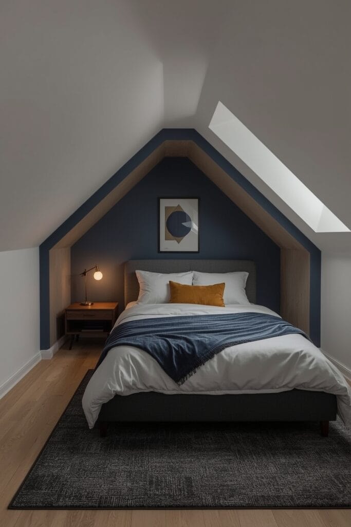Chambre sous comble avec alcôve bleu nuit profond, lit capitonné gris anthracite et accent moutarde.