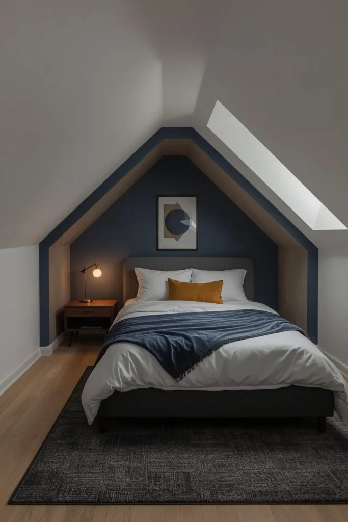 Chambre sous comble avec alcôve bleu nuit profond, lit capitonné gris anthracite et accent moutarde.