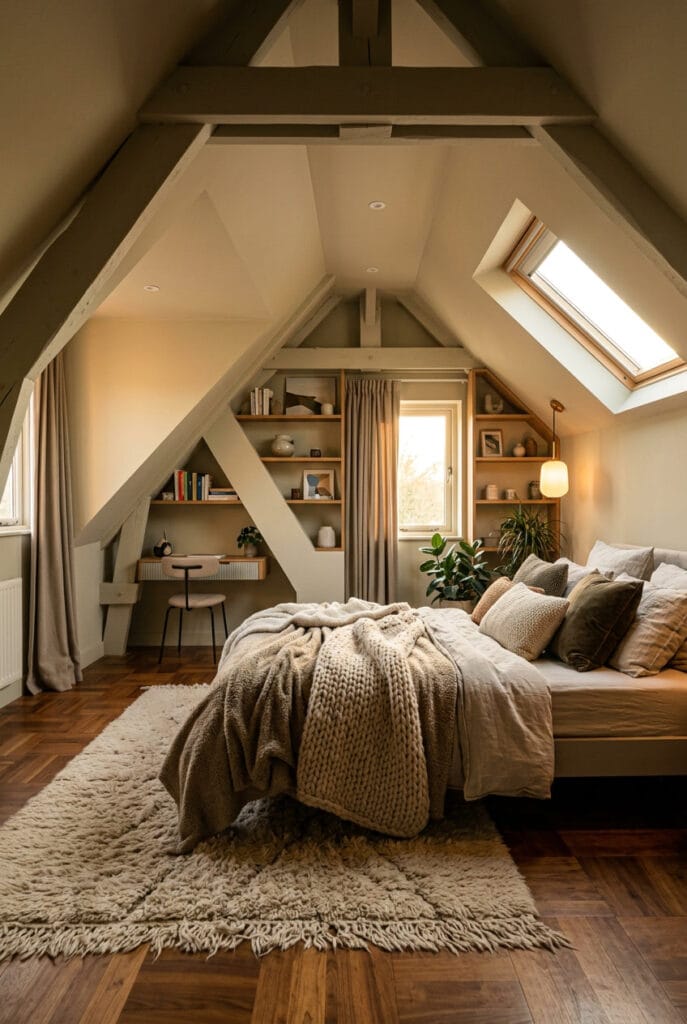 Chambre sous comble chaleureuse avec ambiance cocooning et textures confortables