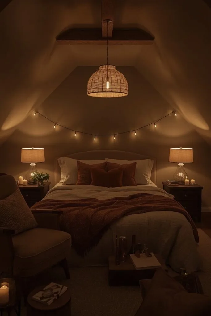 Chambre sous comble avec éclairage d'ambiance multiples : suspension, lampes de chevet et guirlandes lumineuses le long d'une poutre.