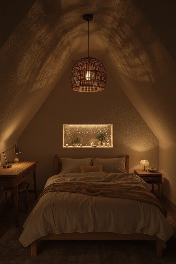 Chambre sous comble éclairée par une suspension en rotin, des lampes de chevet et des guirlandes intégrées au lit.