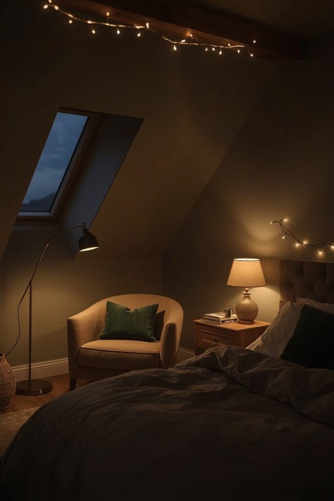 Chambre sous comble au crépuscule avec un coin lecture éclairé et une ambiance lumineuse dorée et cosy.