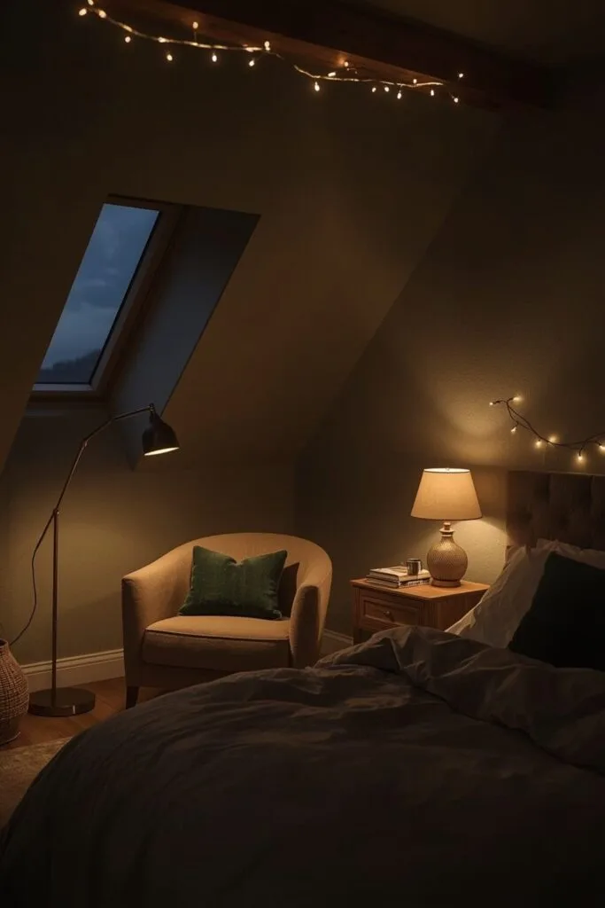Chambre sous comble au crépuscule avec un coin lecture éclairé et une ambiance lumineuse dorée et cosy.