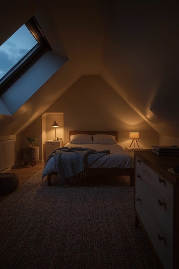 Chambre sous comble à la nuit tombante avec éclairage zoné pour le bureau, le lit et le réveil