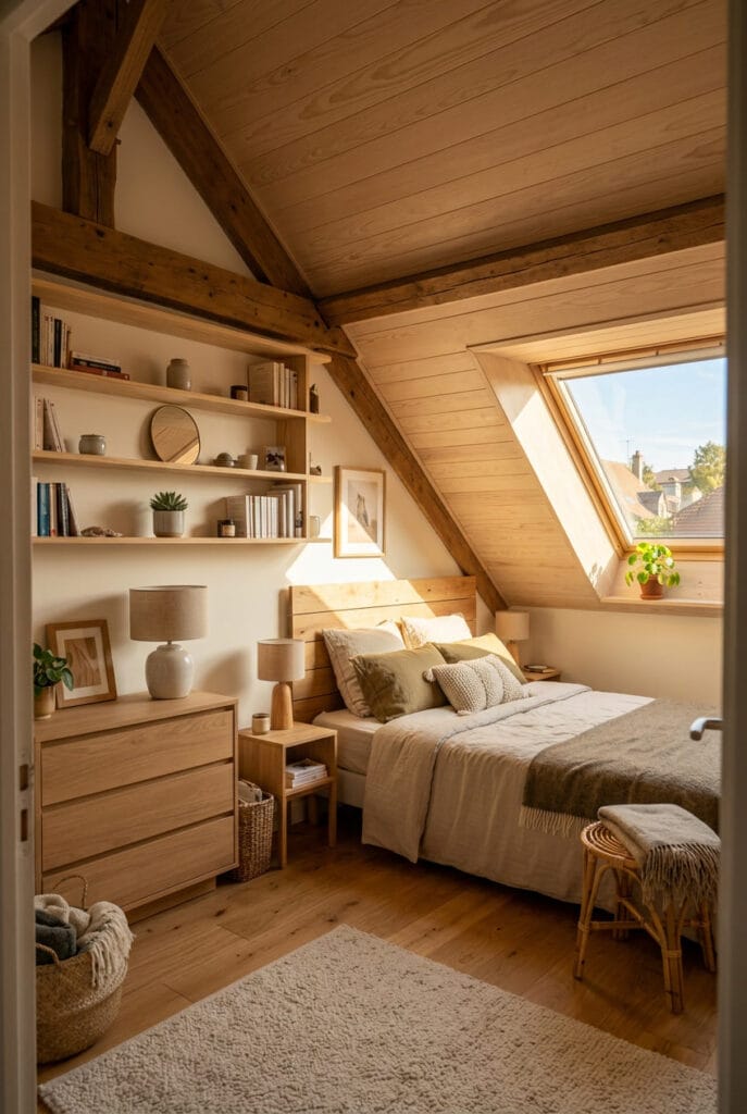 Chambre sous comble chaleureuse avec éléments en bois et ambiance naturelle