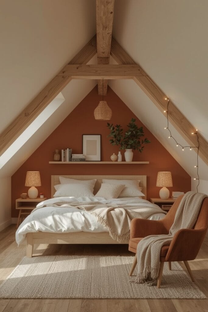 Chambre sous comble avec mur terracotta, poutres apparentes, mobilier bois clair et décoration textile en matières naturelles.