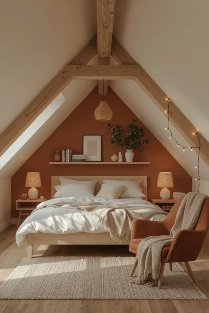 Chambre sous comble avec mur terracotta, poutres apparentes, mobilier bois clair et décoration textile en matières naturelles.