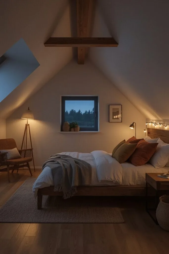 Chambre sous comble au crépuscule avec éclairage zôné, alcôve bleu nuit et mélange de textiles et bois.