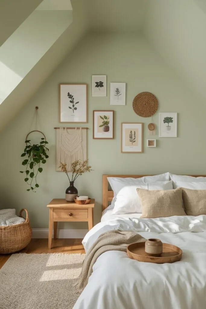 Chambre sous comble verte avec galerie murale d'illustrations, plantes suspendues et objets artisanaux en céramique et bois.