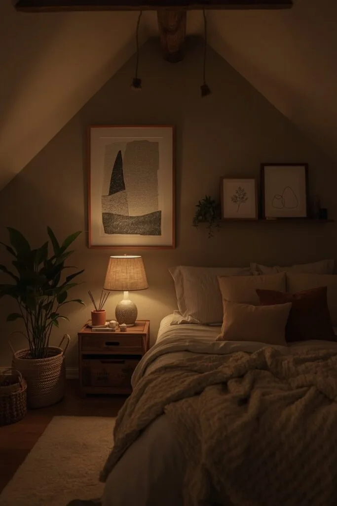 Chambre sous comble avec art textile mural, objets artisanaux en terre et bois, et ambiance lumineuse cosy au crépuscule.